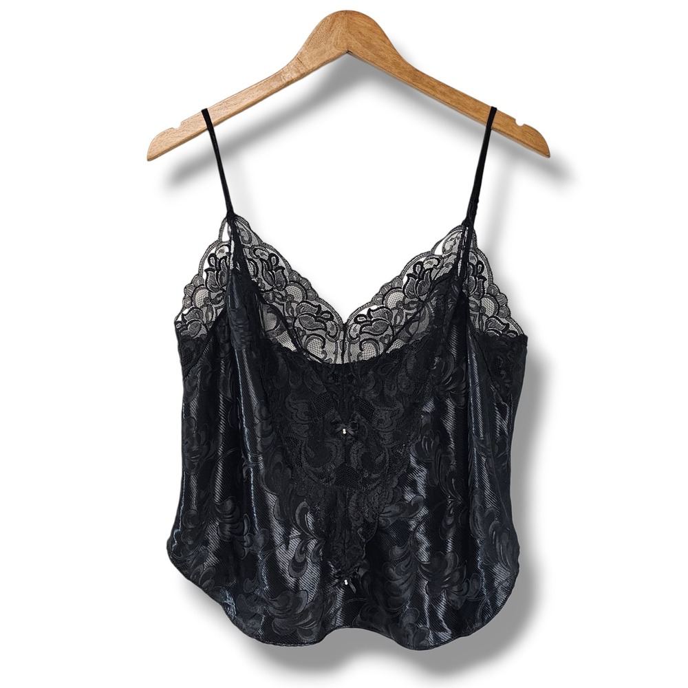 Vintage 90s Shirley of Hollywood Cami L Black Lace Bow Pearl Coquette Whimsigoth